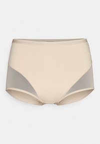 Mutande beige a vita alta con pannelli laterali in rete, tessuto liscio e dettagli di cucitura sottili. Vita elastica per il comfort.