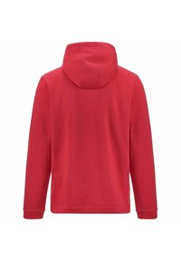 Felpa rossa con cappuccio regolabile, maniche lunghe e una texture in tessuto morbido. Presenta polsini e orlo a costine, senza loghi o motivi visibili.