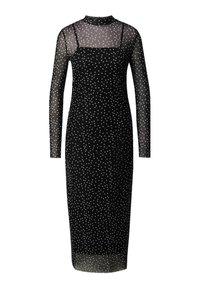 Schwarzes Netzkleid mit langen Ärmeln, das eine figurbetonte Silhouette hat, die mit weißen Punkten bedeckt ist. Hoher Ausschnitt und knielange Länge.