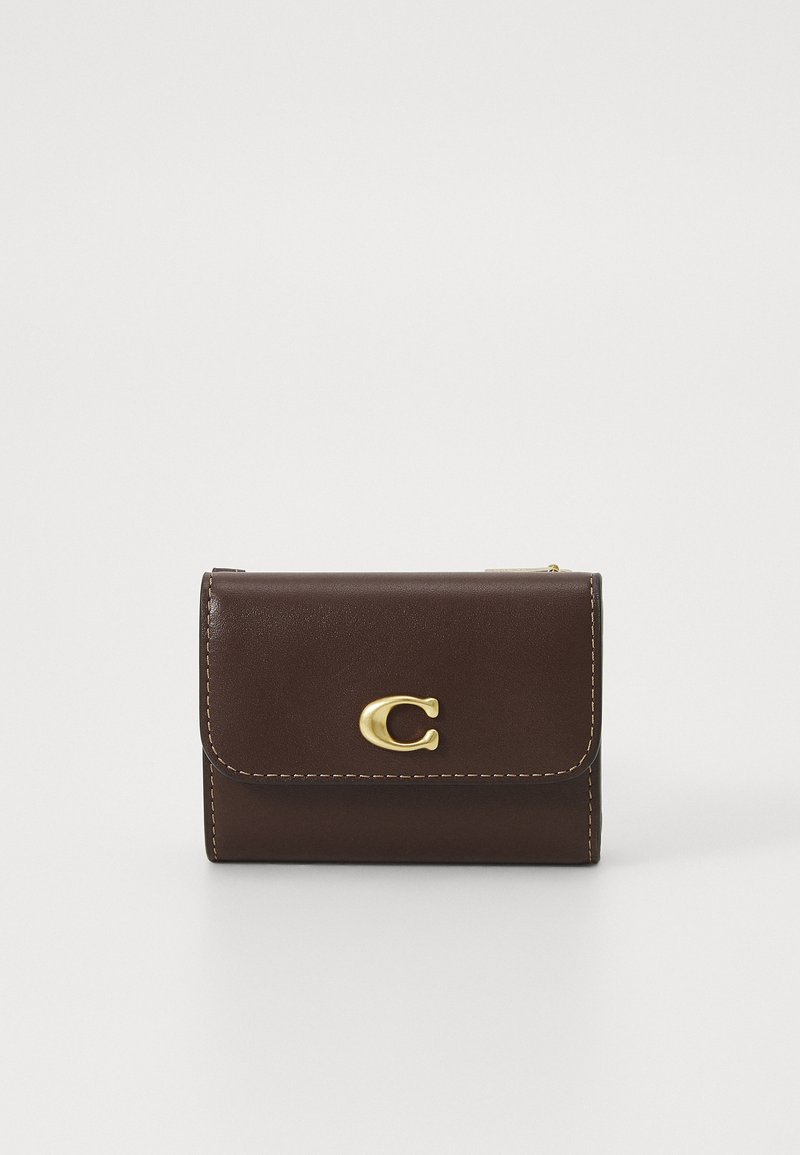 Brown leather wallet with a gold-tone clasp. Features a smooth texture and contrasting yellow stitching. Compact, rectangular shape.
