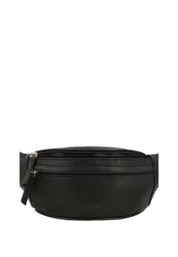 Zwarte leren heuptas met twee met rits afsluitbare vakken en gestikte details, ontworpen voor handen-vrije draagwijze.