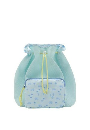 Sac en filet bleu clair avec une petite pochette zippée arborant des motifs de voitures bleues et de palmiers, et des cordons jaunes.
