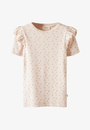 T-shirt a righe rosa chiaro con maniche corte a volant, decorata con piccoli motivi floreali in tonalità di beige e verde. Etichetta visibile all'collo.