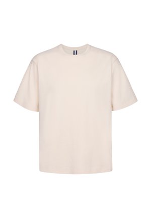 Kortærmet t-shirt med rund hals i lys beige bomuld, der har en afslappet pasform og ingen synlige mønstre eller hardware-detaljer.