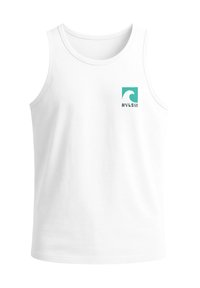 Weißes ärmelloses Baumwolltanktop mit rundem Ausschnitt, das ein türkisfarbenes Wellenlogo und den Schriftzug "NVLSCO" auf der unteren linken Seite zeigt.