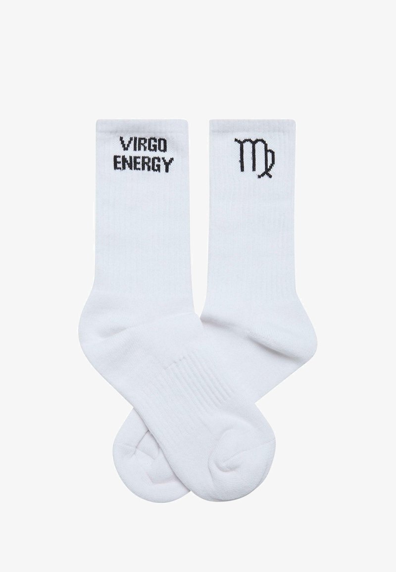 White cotton crew socks featuring black text: "VIRGO ENERGY" on one sock and a Virgo astrological symbol on the other.
