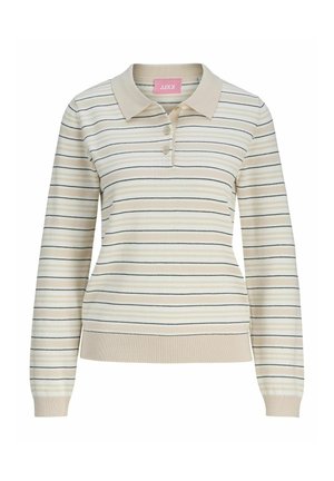 Beige striped long-sleeve polo sweater featuring a classic collar, three-button placket, and ribbed cuffs and hem. Accents in navy and light tan.