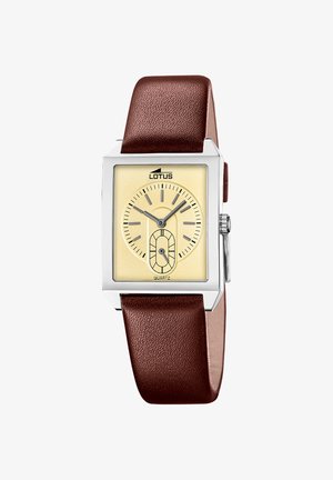 Orologio rettangolare in argento con quadrante crema, indici neri, due orologi e cinturino in pelle marrone che mostra l'ora 10:10.
