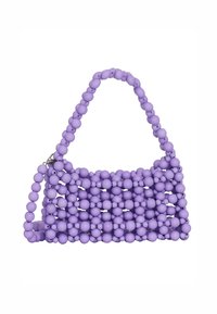 Borsa a manico corto di perline viola con un design strutturato, caratterizzata da perline arrotondate. Superficie texturizzata e dettagli in metallo argentato.