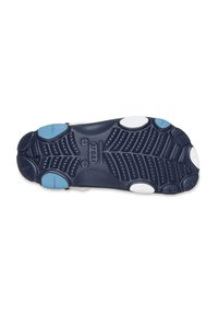 Marine rubber zool met blauwe en witte accenten. Heeft een gestructureerd loopvlak voor grip, met gebogen en ronde vormen.
