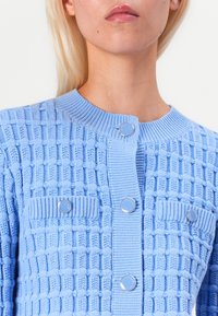 Šviesiai mėlyna mezginė kardiganas su tekstūruotu raštu, apvaliu kaklu ir sidabriniais mygtukais. Yra dvi krūtinės kišenės ir gumbuoti rankogaliai.