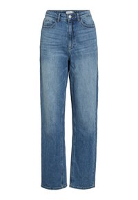 Jean en denim bleu taille haute, coupe droite, avec un délavage clair, comprenant cinq poches, des passants de ceinture et une fermeture à bouton.