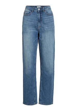 Högmidjade blå denim jeans med rak ben, i en ljus tvätt, med fem fickor, bälteshällor och en knappstängning.