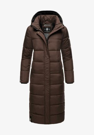 Pruuni puhvkattega mantel, millel on pikk disain, kapuuts, lukuga sulgemine ja küljetaskud. Sile tekstuur, quiltitud osadega soojustamiseks.
