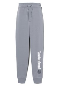 Graue Jogginghose aus weichem Stoff, mit einem elastischen Bund und Kordelzug, tapered Beinen und einem weißen Timberland-Logo, das auf der linken Seite aufgedruckt ist.