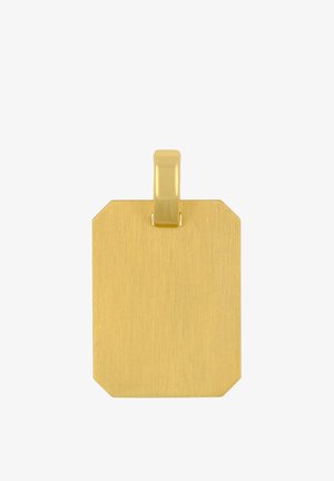 Pendente in metallo color oro con finitura spazzolata, forma ottagonale e anello per aggancio. Texture liscia e design minimalista.