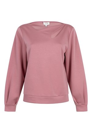 Sweater met lange mouwen in stofroze, met een ronde hals en twee kleine asymmetrische uitsnijdingen vlakbij de halslijn.