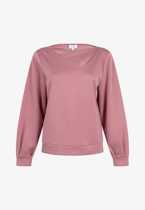 Sweat-shirt rose poudré à manches longues, col rond, avec deux petits découpes asymétriques près de l'encolure.