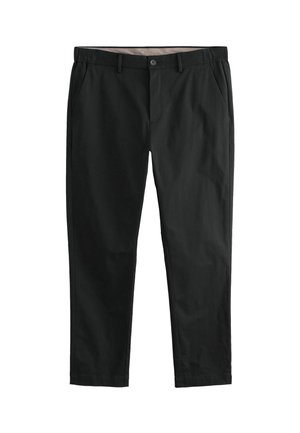 Black trousers made of smooth fabric, featuring front pockets, a button closure, and straight legs. Flat front with no visible patterns.