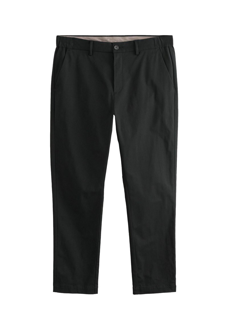 Schwarze Hose aus glattem Stoff, mit Fronttaschen, Knopfverschluss und geradem Bein. Flacher Bund ohne sichtbare Muster.