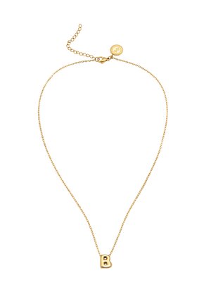 Fijne gouden ketting met een kleine gouden hanger in de vorm van de letter B en een verstelbare sluiting met een ronde tag.