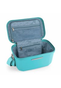 Neceser rectangular de color azul aqua con cierre de cremallera, que presenta un interior con un patrón geométrico gris y múltiples compartimentos para organización.