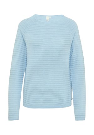 Helleblaue gerippte Strickjacke mit langen Ärmeln und Rundhalsausschnitt. Horizontal texturiertes Muster auf dem Stoff, leichtes Material.