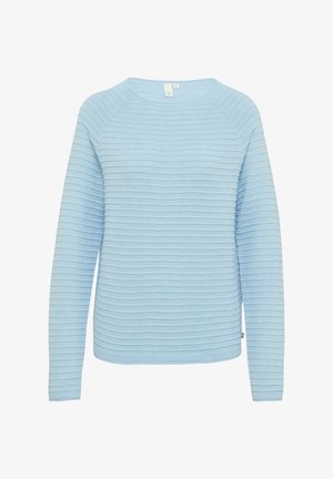 Helleblaue gerippte Strickjacke mit langen Ärmeln und Rundhalsausschnitt. Horizontal texturiertes Muster auf dem Stoff, leichtes Material.