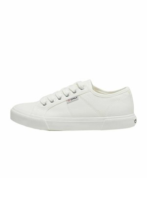 Sneaker bianca in tela con punta rotonda, sei occhielli, pannelli laterali testurizzati e suola in gomma. Piccolo logo del marchio sul lato.