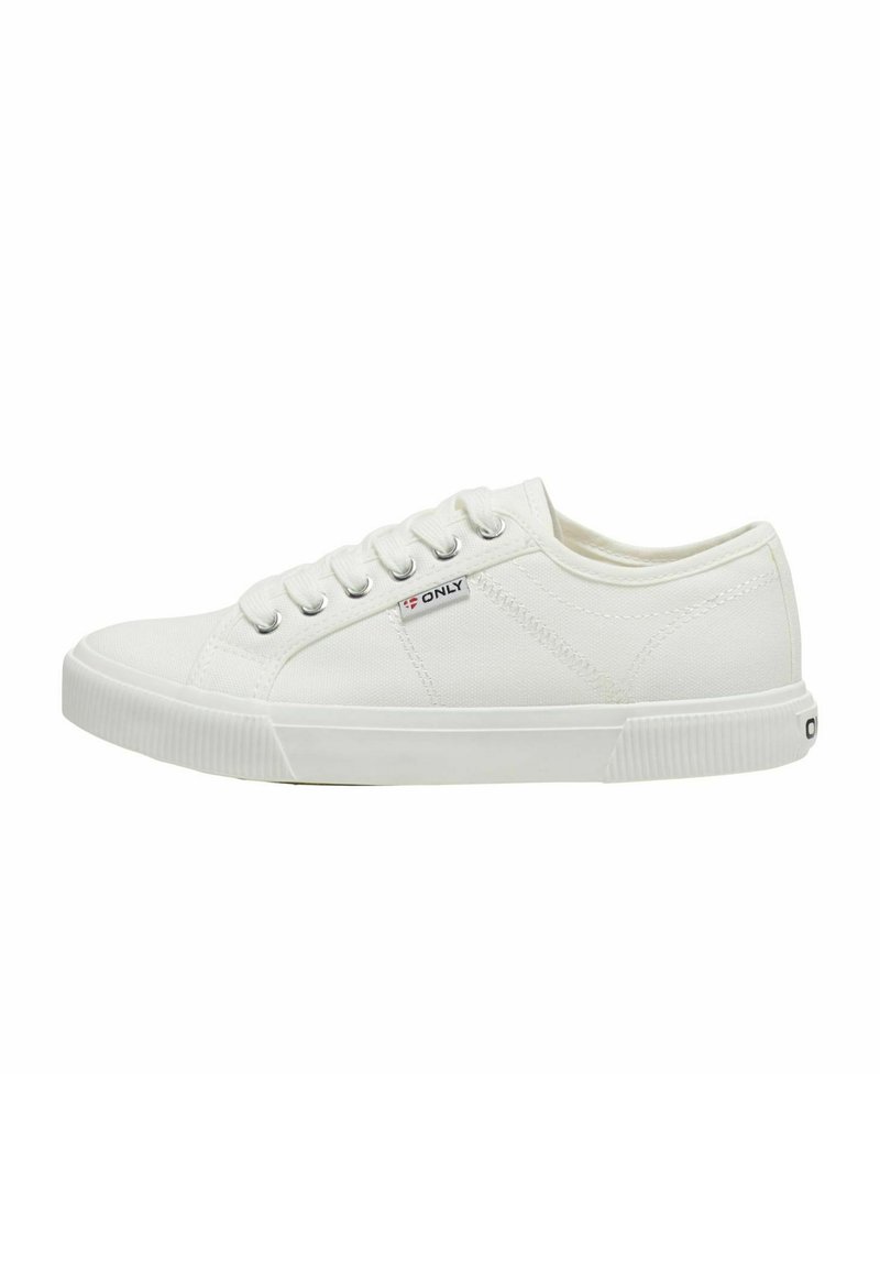 Sneaker bianca in tela con punta rotonda, sei occhielli, pannelli laterali testurizzati e suola in gomma. Piccolo logo del marchio sul lato.
