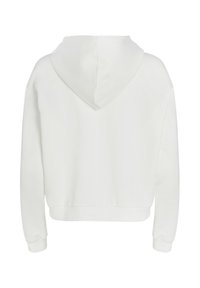 Sweat à capuche blanc raccourci avec une grande capuche, des poignets et un ourlet côtelés. Texture lisse, sans motifs ni éléments métalliques visibles, design épuré et minimaliste.