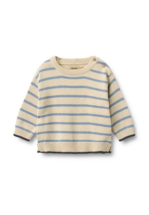 Gebreid babytruitje met crèmekleurige en lichtblauwe strepen, lange mouwen en knoopsluiting op één schouder.