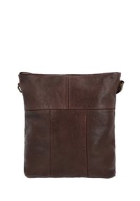 Sac bandoulière en cuir marron foncé avec coutures visibles et attaches à boucle métallique de chaque côté, présenté sur un fond blanc.
