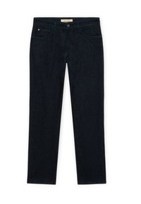 Jeans vaqueros de pierna recta de color azul oscuro con botón frontal y bolsillos, etiqueta de la marca Trussardi en la cintura.