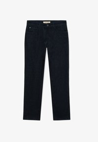 Jeans vaqueros de pierna recta de color azul oscuro con botón frontal y bolsillos, etiqueta de la marca Trussardi en la cintura.