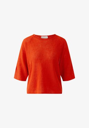 Feloranje gebreide trui met korte mouwen, ronde hals en losse pasvorm, getoond op een witte achtergrond.