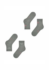 Graue Knöchelsocken mit pinkem Text "LOVE" und Herzmustern. Hergestellt aus weichem Material, verfügen sie über eine gerippte Textur und einen enganliegenden Sitz.