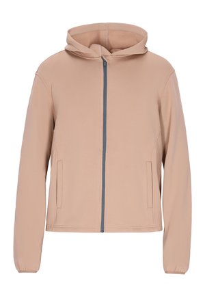 Beige capuchonjas met volledige rits, elastische manchetten en zijzakken, getoond op een witte achtergrond.