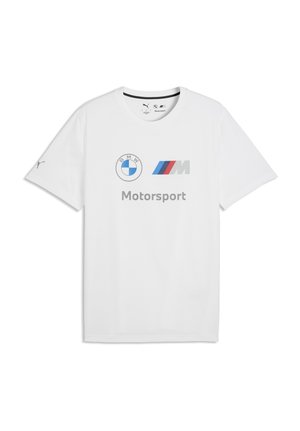 T-shirt bianca a maniche corte con logo BMW, strisce tricolori M Motorsport, testo "Motorsport" e logo Puma sulla manica sinistra.