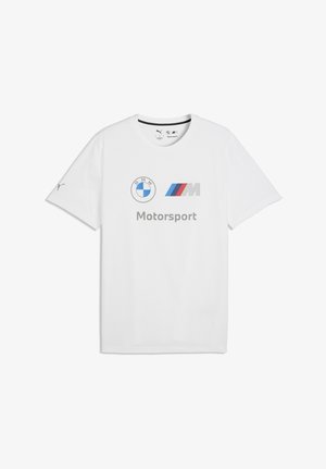 Camiseta blanca de manga corta con el logo de BMW, rayas tricolor de M Motorsport, texto "Motorsport" y logo de Puma en la manga izquierda.