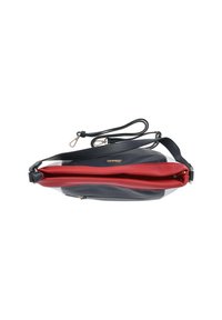 Leather handbag featuring a dual-tone design with a red interior and dark gray exterior. Includes a long shoulder strap and zippered closures.