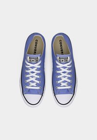 Ζευγάρι μπλε Converse All Star sneakers χαμηλού ύψους με λευκά κορδόνια και λαστιχένιες άκρες στα δάχτυλα, από πάνω σε λευκό φόντο.