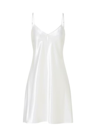 Vestido de satén blanco con tirantes ajustables delgados, escote en V y una textura suave, que ofrece una silueta ligera y fluida.