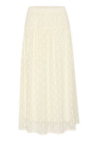Jupe A-line en dentelle blanche avec un motif en losange, taille élastique et tissu à couches fluides pour un look texturé.