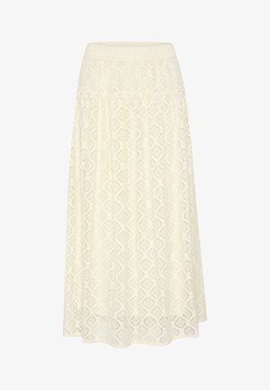 Vit spets A-linje kjol med diamantmönster, elastisk midja och flödande, lager-på-lager tyg för en texturerad look.