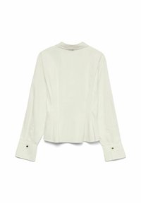 Weiße, langärmelige Bluse mit plissiertem Rückendesign, ausgestattet mit einem umgeschlagenen Kragen und Knopfdetails an den Manschetten. Glatte Textur.