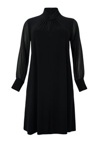 Robe noire avec un col montant, de longues manches transparentes et un encolure froncée. Tissu lisse, longueur genou avec une silhouette droite.