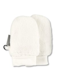 Weiße Fäustlinge aus weichem, flauschigem Material mit einem soliden gestrickten Bündchen. Verfügt über eine kleine Schlaufe zur Befestigung. Glatte Oberfläche in der gesamten Struktur.