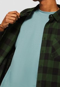 Camicia a quadri verde e nera con bottoni, indossata sopra una t-shirt azzurra. Bottoni visibili e dettaglio della tasca sulla camicia a quadri.