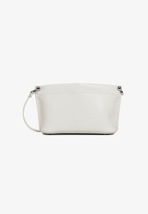 White leather bag with a textured surface, a single handle, and a zip closure. Features a subtle embossed logo on the front.